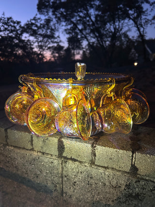 JP Indiana Glass Harvest Grape (or Princess) Marigold Carnival Glass Punch Bowl Set