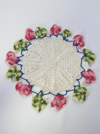 Crochet Floral Doily Cream Pink Green Blue Ruffled Border Approx 13 Inch