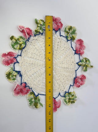 Crochet Floral Doily Cream Pink Green Blue Ruffled Border Approx 13 Inch