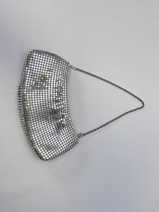 Silver Aluminum Metal Mesh Evening Bag Chain Handle Zipper Purse 9 Inch