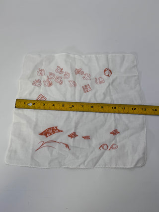 White Handkerchief Rust Red Japanese Style Fish Print Scalloped Edge 13 Inch