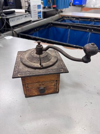 Vintage Wood Box Hand Crank Coffee Grinder Ornate Cast Metal Top Drawer