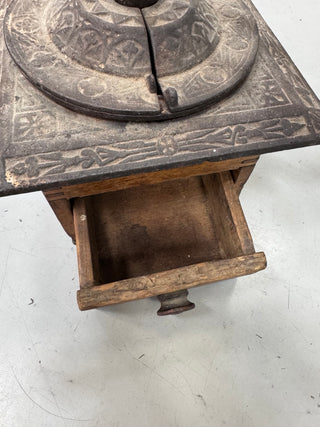 Vintage Wood Box Hand Crank Coffee Grinder Ornate Cast Metal Top Drawer