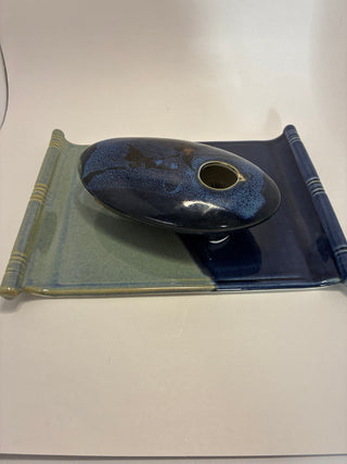 Signed  Studio Pottery Ikebana Vase with Matching Tray”