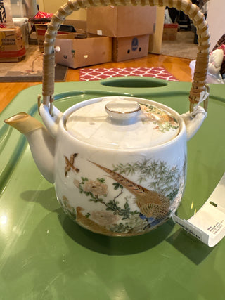 Vtg. Japanese porcelain pheasant scene teapot, bamboo handle