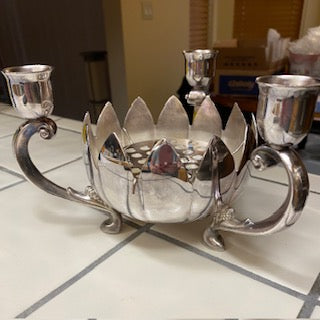 MCM  Silver Lotus Candle Holder w Flower Frog