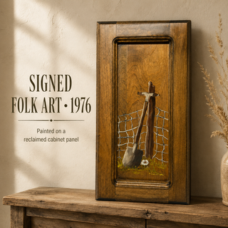 Vintage Folk Art Painting on Wood Cabinet Panel | Signed M. Lowery 1976 | Shovel & Fence Post Rustic Still Life