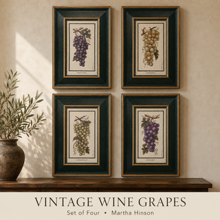 Set of 4 Vintage Martha Hinson "Wine Grapes" Botanical Prints | Pinot Noir, Zinfandel, Chardonnay & Cabernet | Framed Wall Art