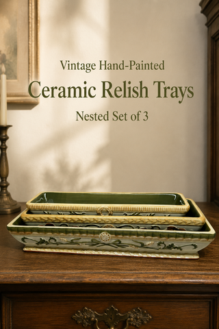 Hand-Painted Ceramic Nesting Relish Tray Set of 3 | Olive Green & Gold Majolica-Style Rectangular Dishes