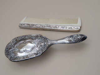 Vintage Silver Tone Ornate Vanity Set Hair Brush and Comb