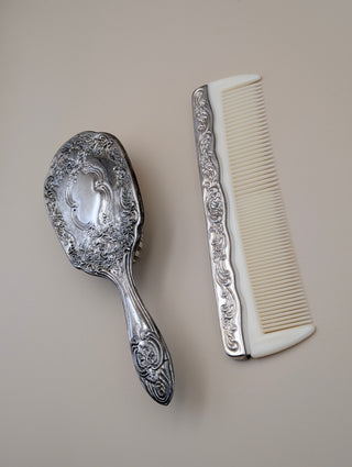 Vintage Silver Tone Ornate Vanity Set Hair Brush and Comb