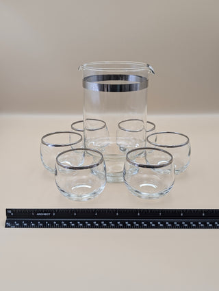 Silver Rim Glass Pitcher and 6 Roly Poly Glass Set