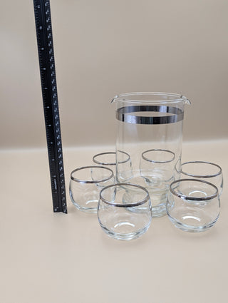 Silver Rim Glass Pitcher and 6 Roly Poly Glass Set