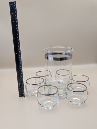 Silver Rim Glass Pitcher and 6 Roly Poly Glass Set