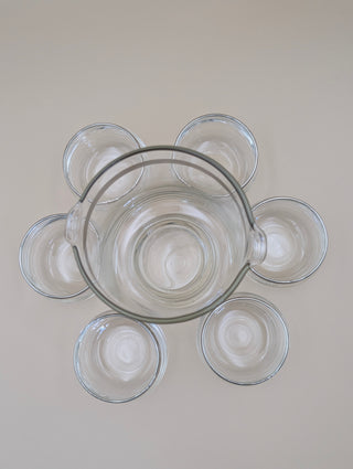 Silver Rim Glass Pitcher and 6 Roly Poly Glass Set
