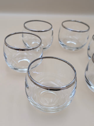 Silver Rim Glass Pitcher and 6 Roly Poly Glass Set