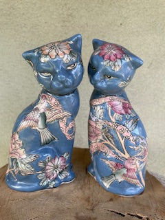 Pair of Vtg Blue Floral Macau Lucky Cat Figurines
