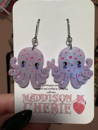 Small Purple Glittery Octopus Earrings