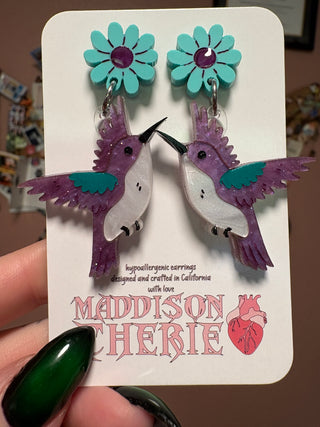 Purple Hummingbird Earrings w/ Flower Post