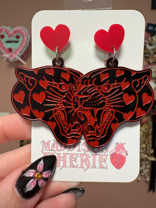 Black Panther Head Heart Earrings