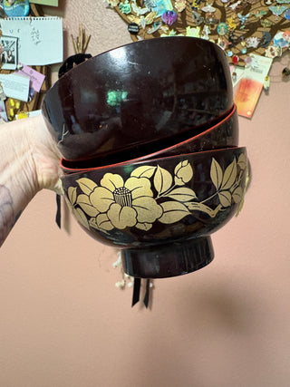 Japanese Bowls - Black with Red Lacquer - Gold Floral