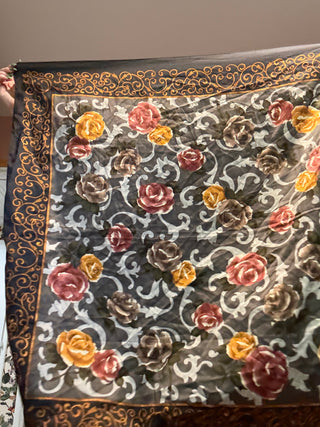 Black Roses and Scroll Square Handkerchief Scarf