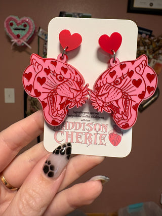 Pink and Red Heart Covered Panther Earrings