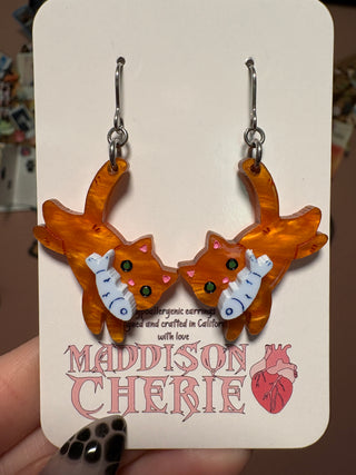 Orange Cat w/ Fish Earrings