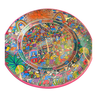 Vintage Terra Cotta Hand Painted Latin America / Mexican  Wall Hanging Plate Approx. 16"