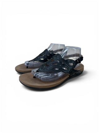 Rockport Womens 9 Black Leather Laser Cut Thong Slingback Sandals