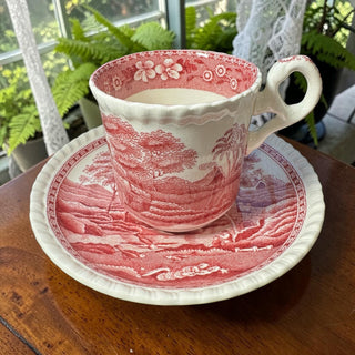 Copeland Spode’s Tower England Red Transferware Cup & Saucer Set 2.5x2.5x5