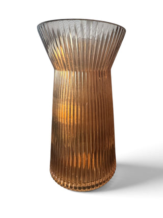 Contemporary Ribbed Amber Tone Glass Vase, 10” Tall Flared Cylinder Vase