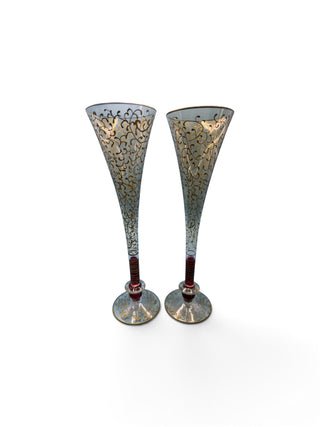 Pair of Vintage Venetian Tall Champagne Flutes -Gilt Gold Color Filigree