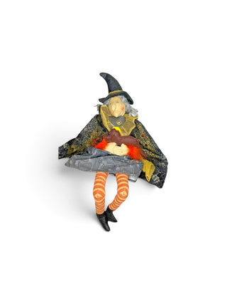 Halloween Fabric Witch Shelf Sitter Medium approx. 21" Hanging Leg Holding Cat Decor