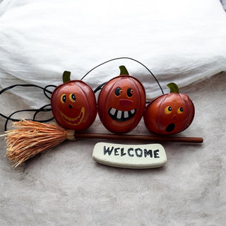 Vintage Light-Up Metal Pumpkins & Broom "Welcome" Sign