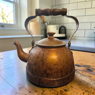 Vintage Portuguese Copper Tea Kettle with Wooden Handle