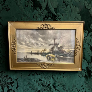 Antique 1905 Gothic Dutch Windmill Print in Ornate Gilt Frame