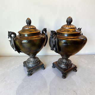 Ornate Neoclassical Decorative Pedestal Urns with Dragon Handles – Pair