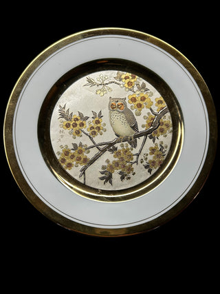 Vintage LAL Chokin Owl & Blossoms Decorative Plate – 9 Inch, PL-58