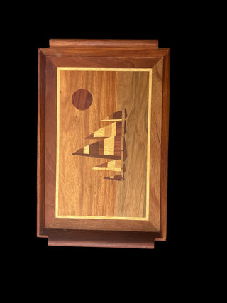 vtg wood marquetry inlay serving tray featuring a geometric sailboat and sun motif.