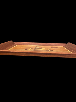 vtg wood marquetry inlay serving tray featuring a geometric sailboat and sun motif.