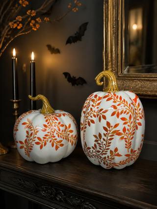 Set of 2 Ceramic White Orange Floral Leaf Fall Pumpkin Decor Figurines