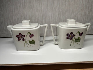 Vintage Art Deco Square Shaped Creamer and Square Sugar Bowl HandPaintd Flowers