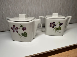 Vintage Art Deco Square Shaped Creamer and Square Sugar Bowl HandPaintd Flowers