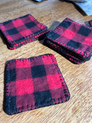 Handmade Red Flannel Embroidered Coasters (4)