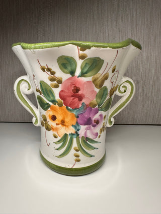 Hand Painted Ruffled Top Italian Vase with Handles