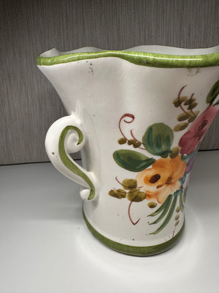 Hand Painted Ruffled Top Italian Vase with Handles
