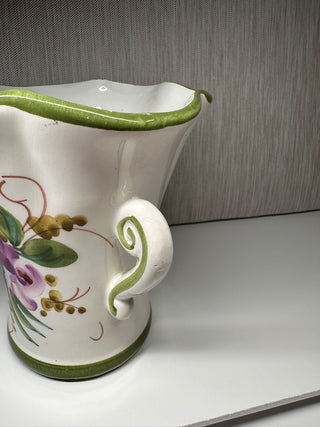 Hand Painted Ruffled Top Italian Vase with Handles