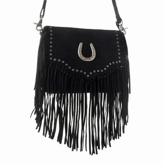 Lucky Charm Leather Fringe Horshoe Detail Black