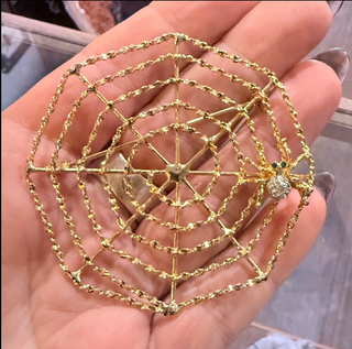 Antique Goldtone Spiderweb Rhinestone Spider Brooch